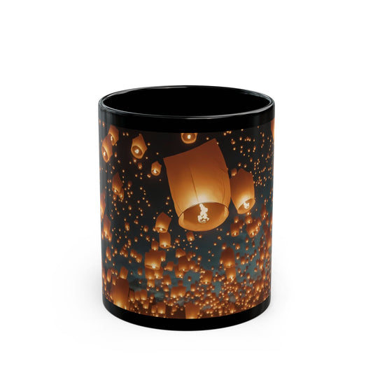 Skyborne Lanterns Black Mug – Warm Glow of Shared Wishes