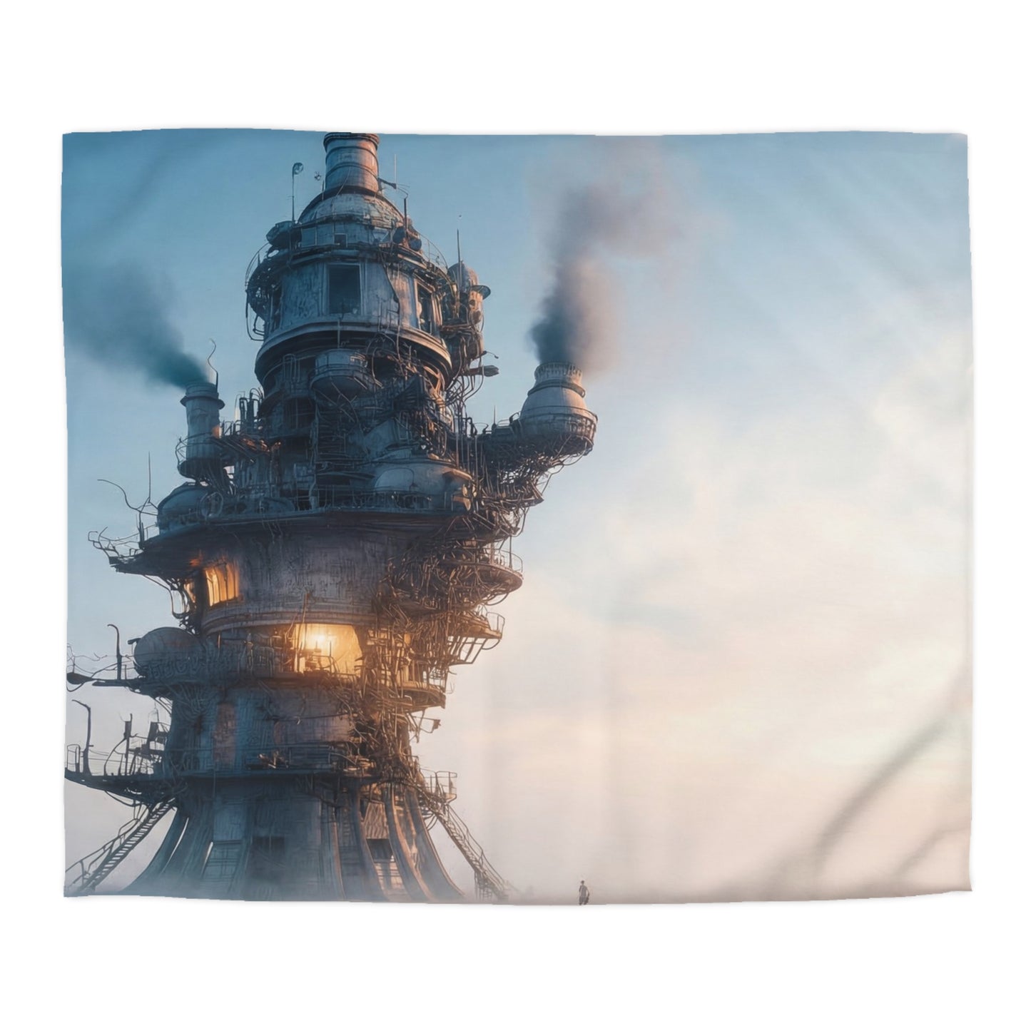 Skyward Steam Tower Microfiber Duvet Cover – A孤独 Sentinel in Dawn’s Hush