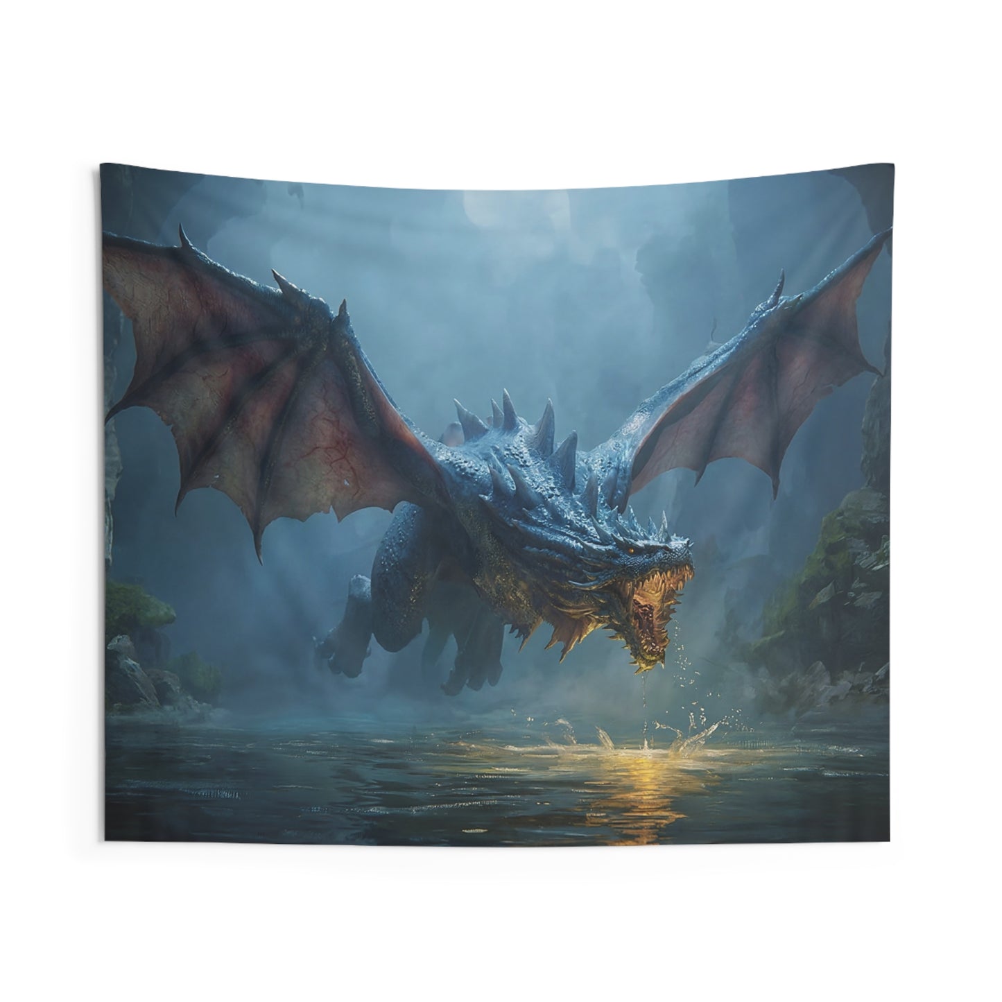 Azure Dragon Soaring Over Misty River Indoor Wall Tapestries – Ancient Waterscape Guardian