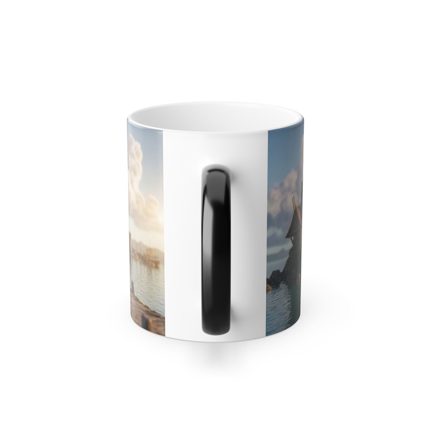 Coastal Timber Village Color Morphing Mug – Sunlit Pier and Stone Spire