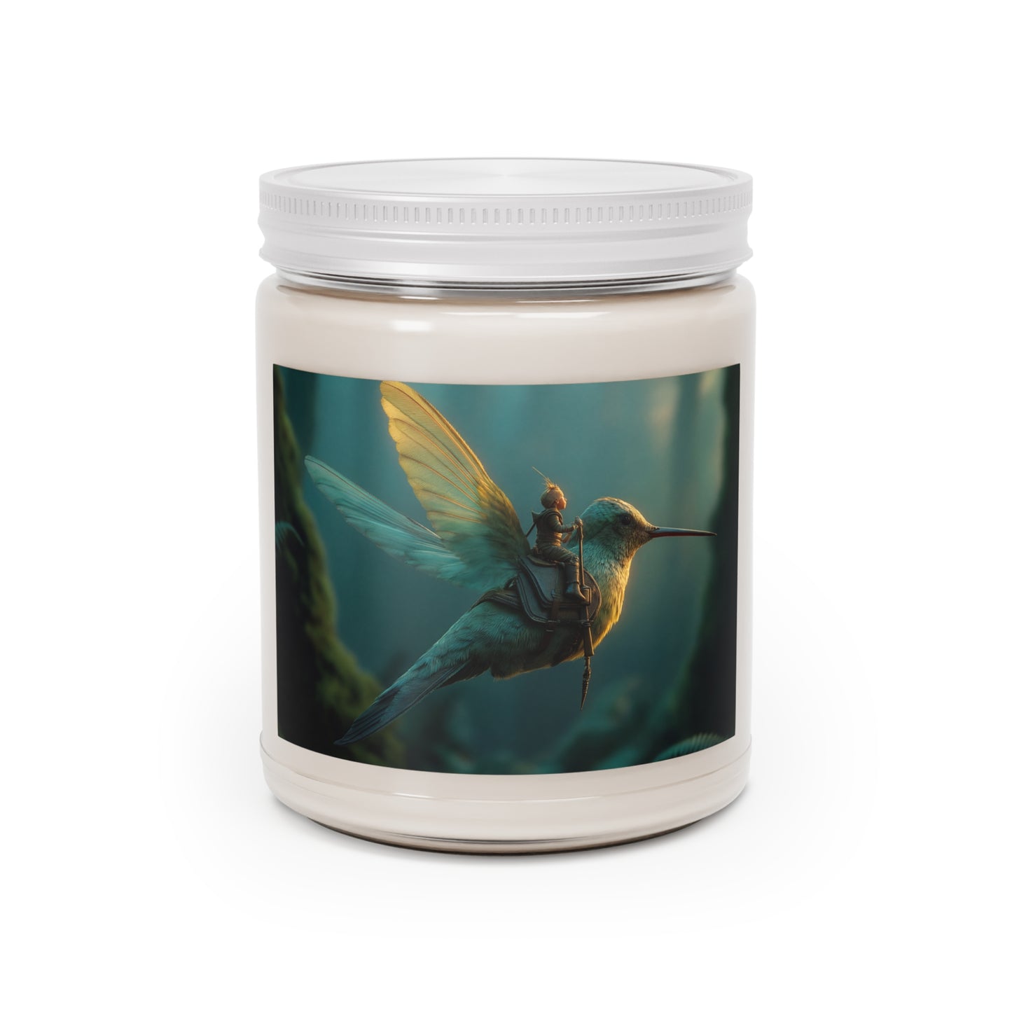 Tiny Knight on Hummingbird Scented Soy Candles with White Lid, 9oz – Sunlit Forest Ride