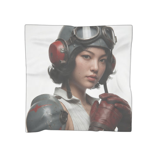 Vintage Pilot Portrait Poly Scarf – Crimson Goggles & Steel Helm