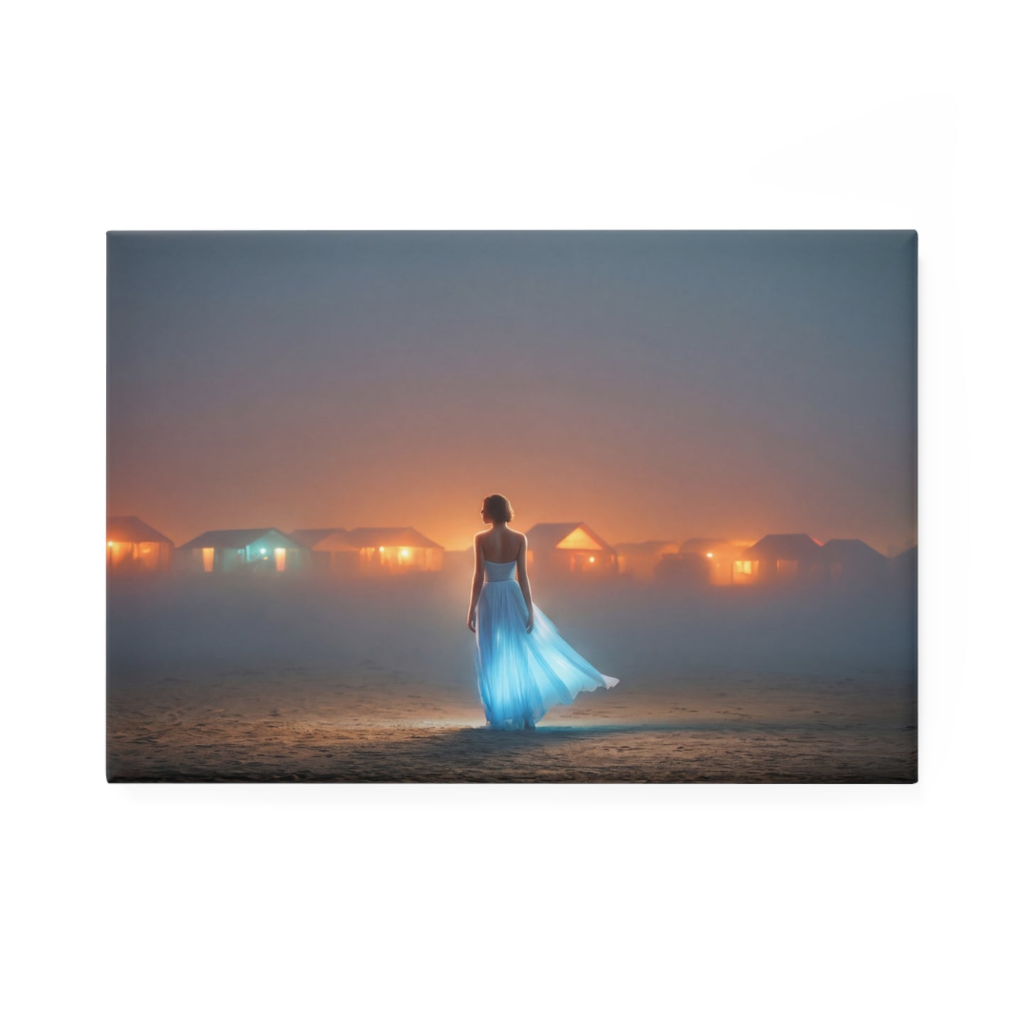 Twilight Beach Dreamer Button Magnet, Rectangle (1 & 10 pcs) – Luminescent Gown Against Glowing Cabins
