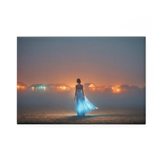 Twilight Beach Dreamer Button Magnet, Rectangle (1 & 10 pcs) – Luminescent Gown Against Glowing Cabins