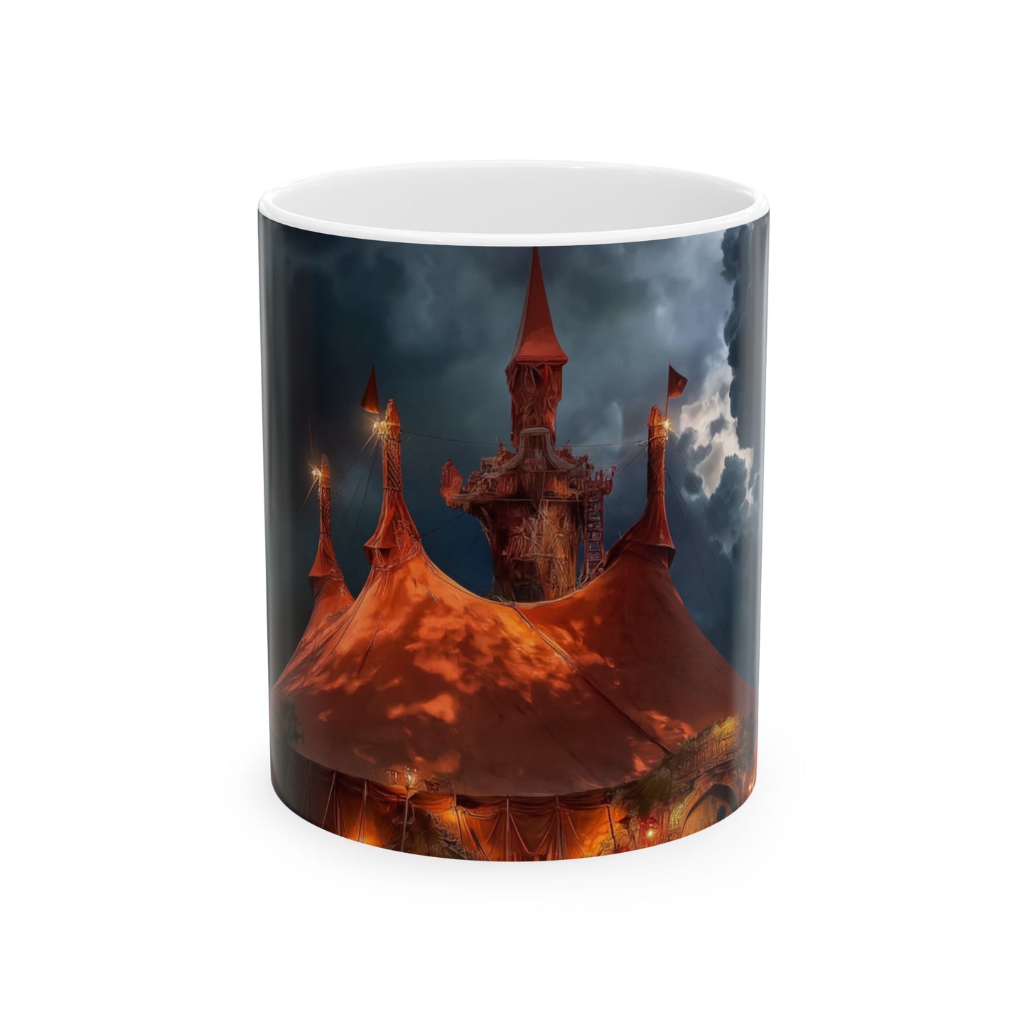 Crimson Circus Tent Ceramic Mug – Midnight Carnival Dreamscape