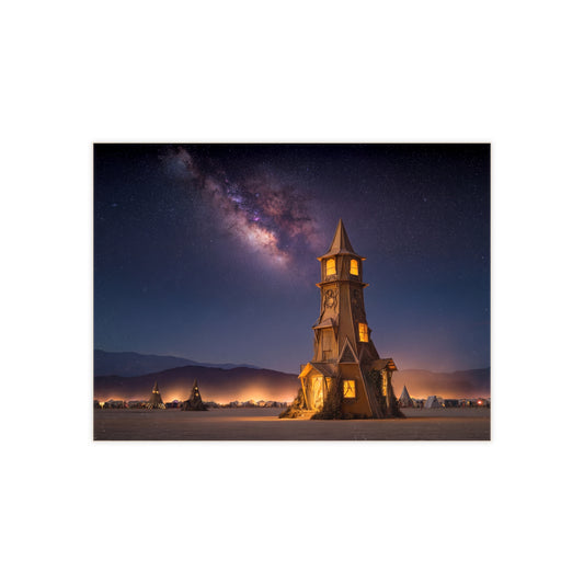 Starlit Clocktower Ceramic Photo Tile – A Desert Sanctuary Under the Milky Way