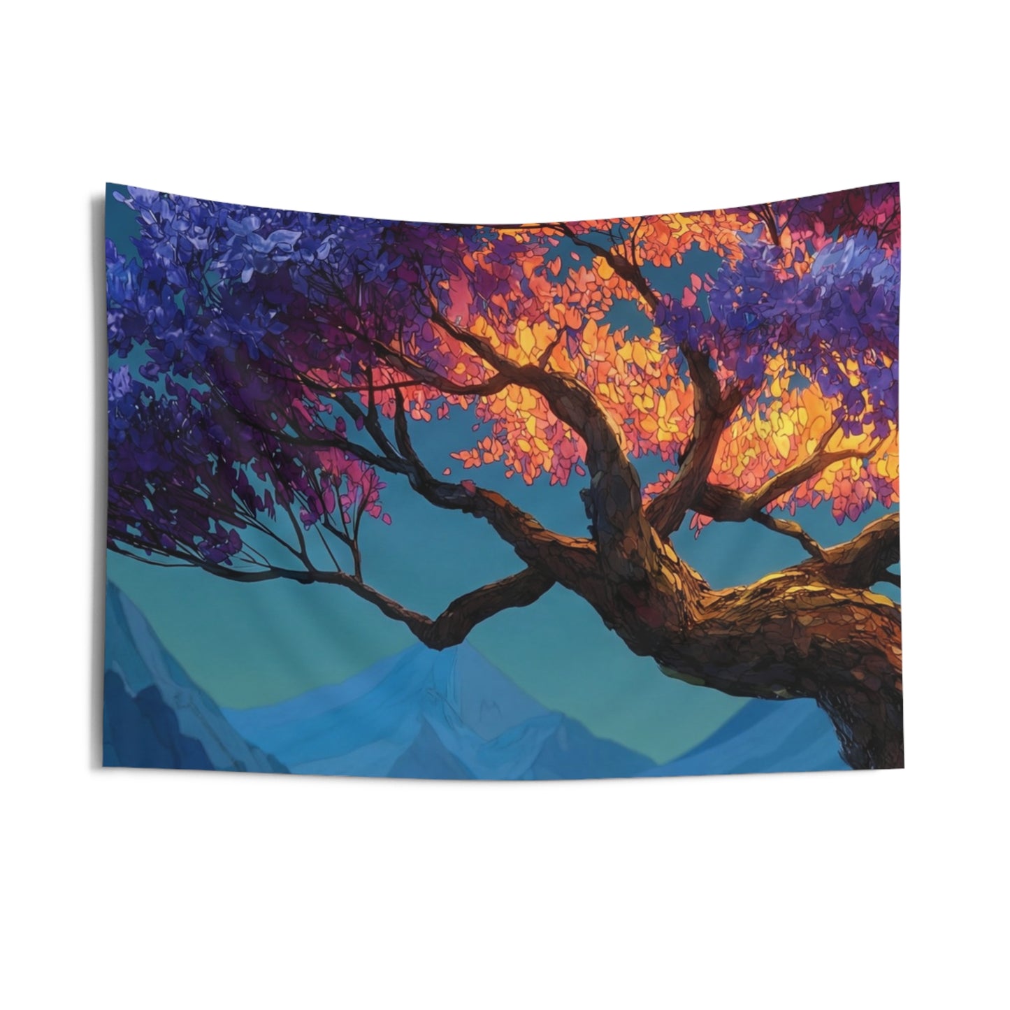 Celestial Tree Wall Tapestry – Twilight Bloom in Mountain Vale
