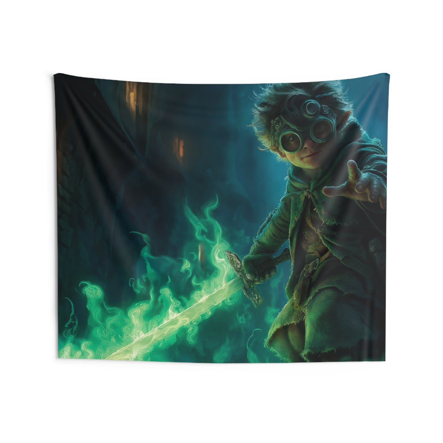 Green-Eyed Mage with Glowing Sword Indoor Wall Tapestries – Midnight Alley Adventure