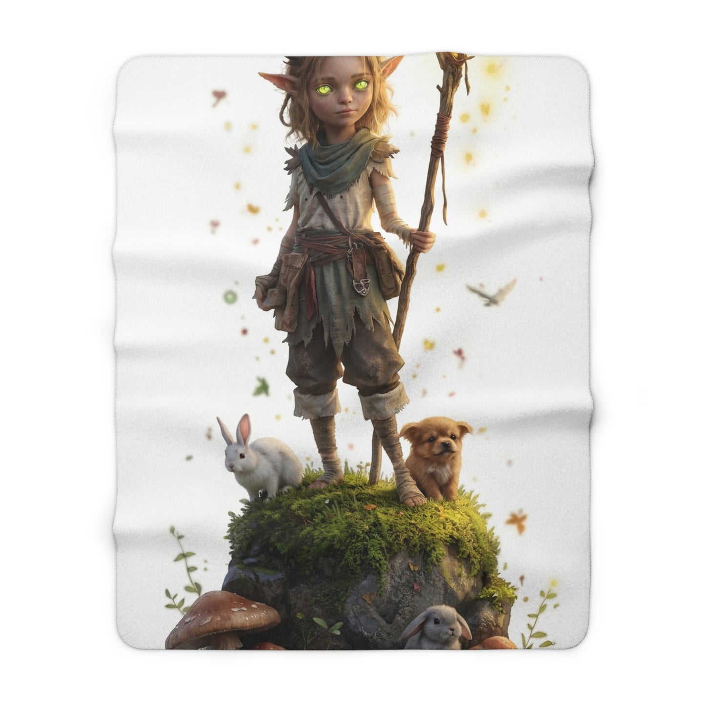 Forest Guardian Sherpa Fleece Blanket – Whimsical Child with Deer Antlers and Glowing Eyes