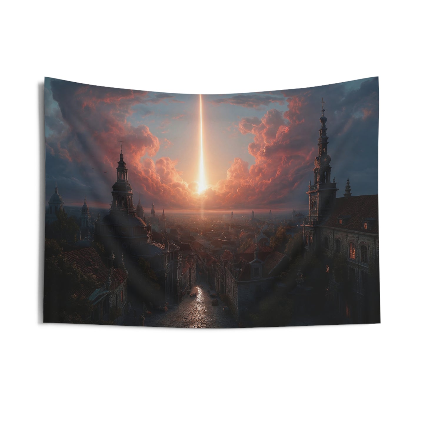 Celestial Beam Over Ancient City Tapestries – Twilight’s Divine Light