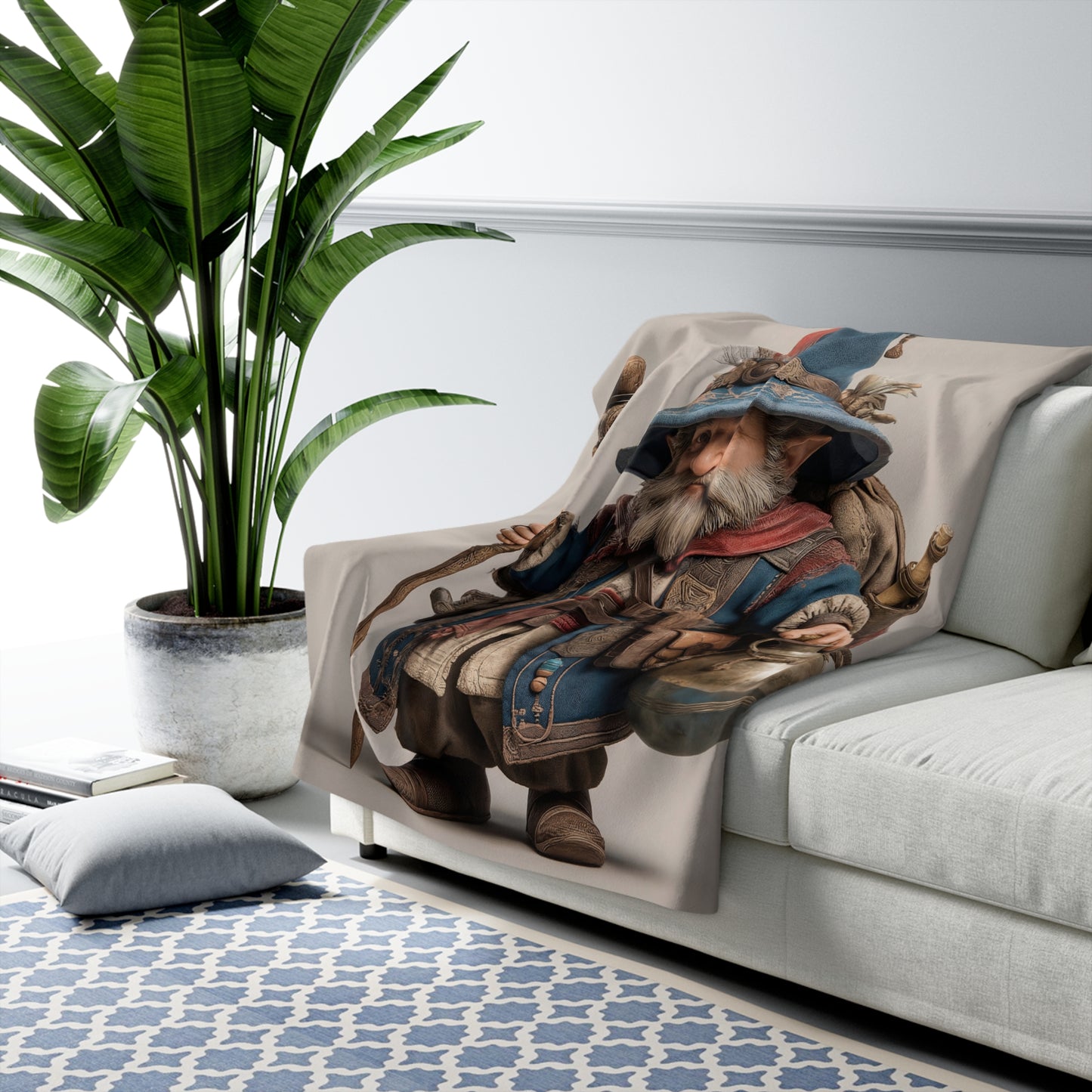 Journeying Wizard Sherpa Fleece Blanket – Weathered Traveler with Staff and Flask