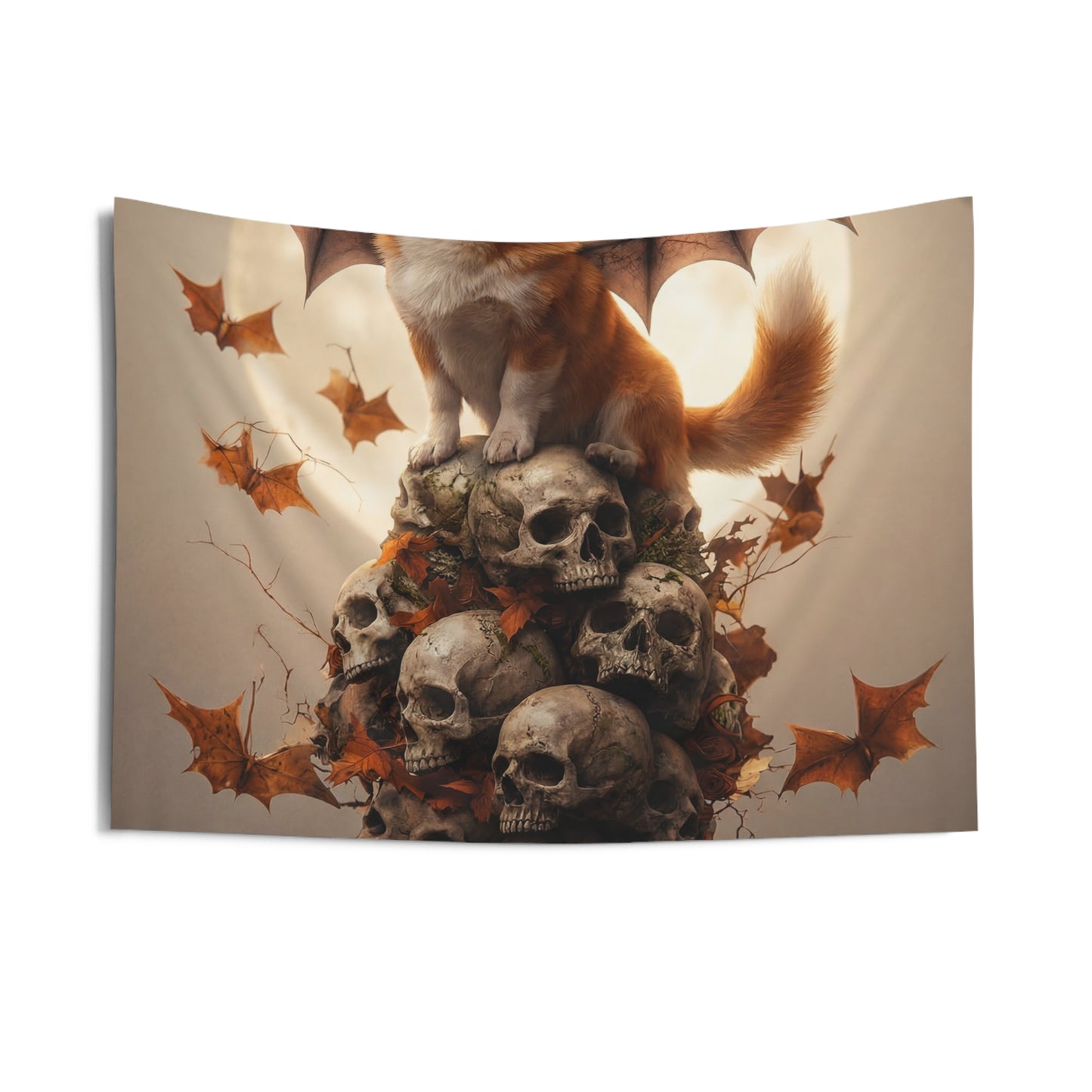 Winged Corgi Over Skulls Indoor Wall Tapestries – Autumn Moonlit Sentinel