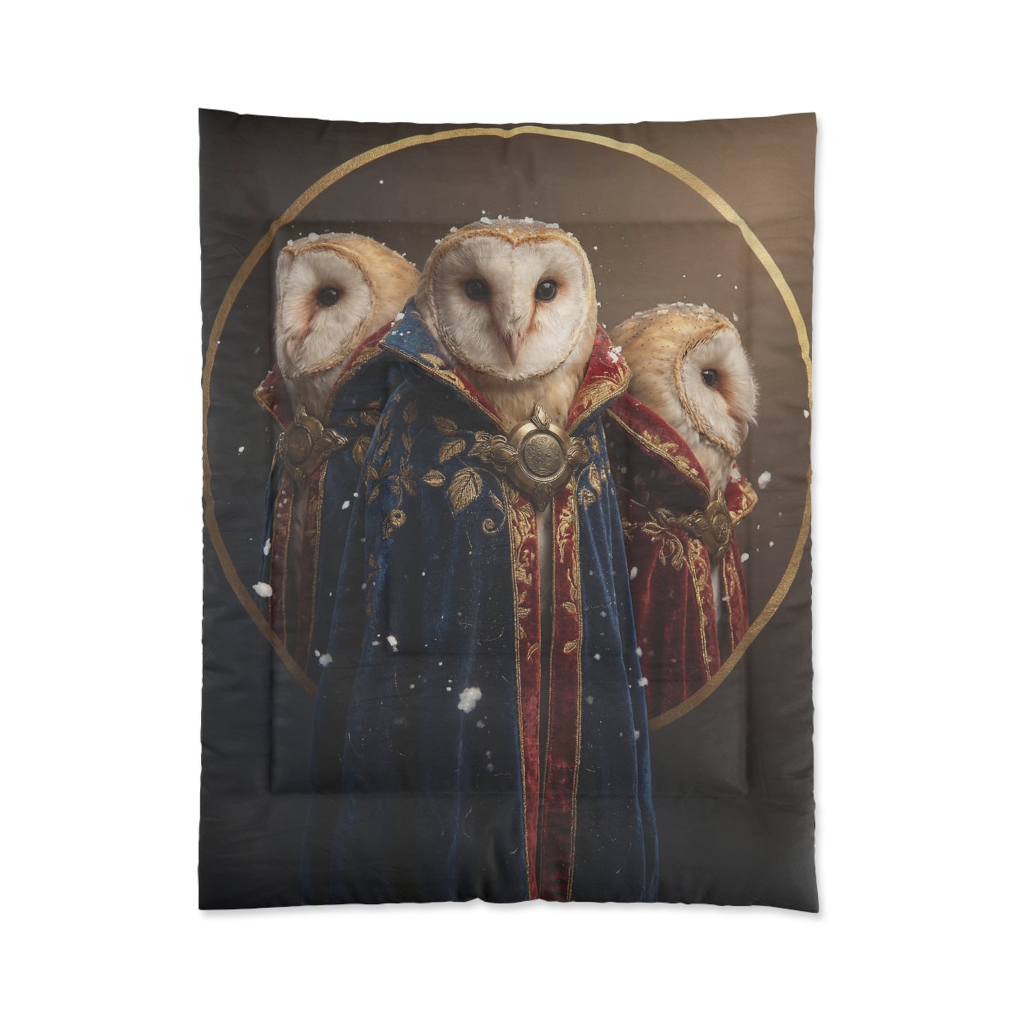 Three Owls in Velvet Robes Comforter – Snow-Kissed Sentinel Portrait