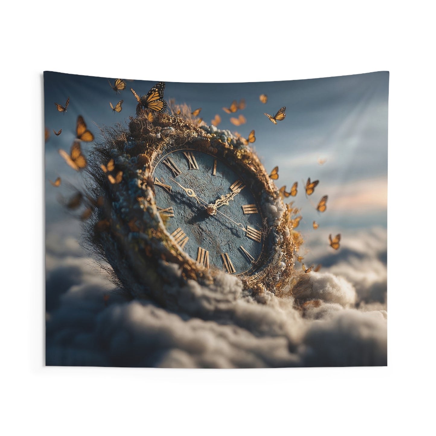 Monarch Clock Wall Tapestry – Timeless Wings Over Cloudscape