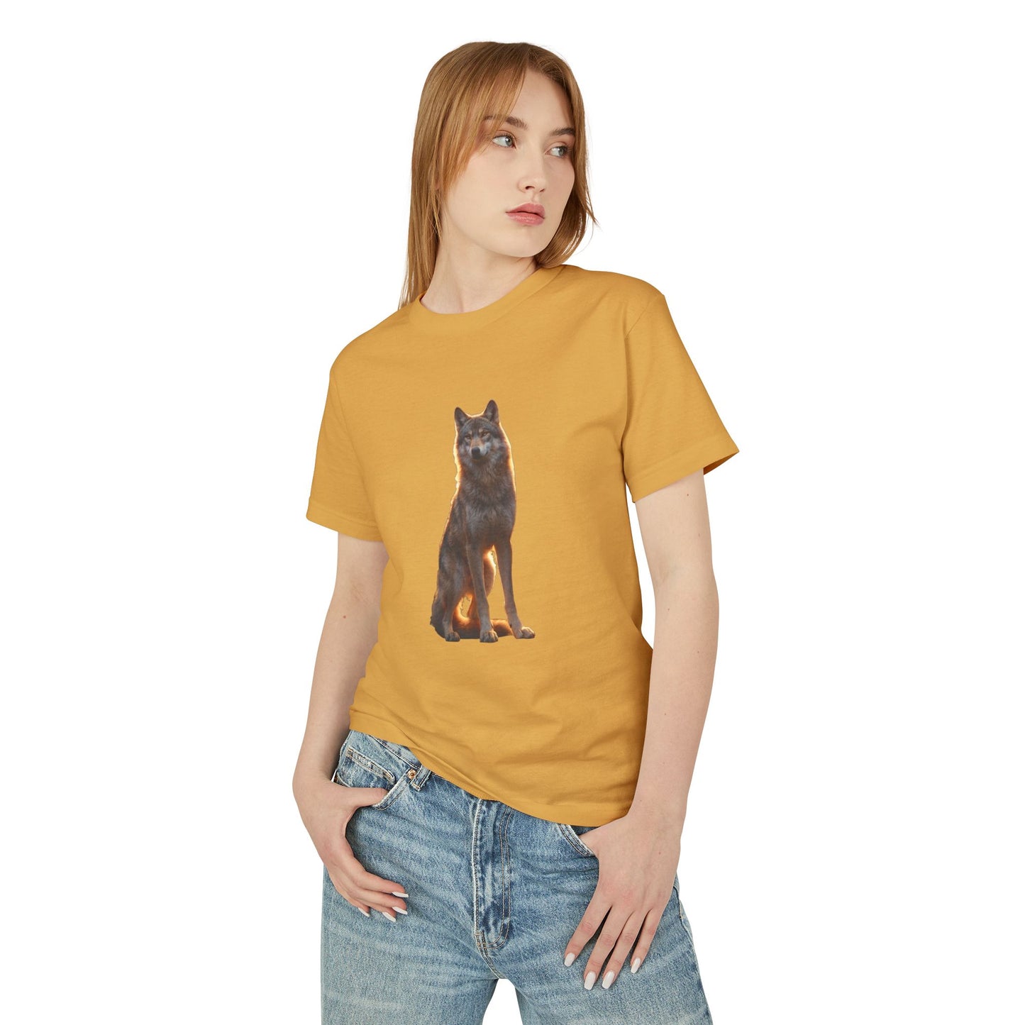 Golden Sentinel Wolf Tee – Amber Light Guardian Print