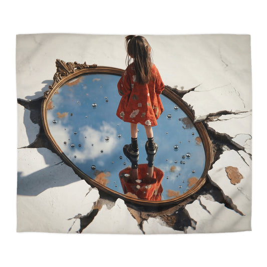 Girl Standing in Broken Mirror Duvet Cover – Sky Reflections and Sunlit Cracks