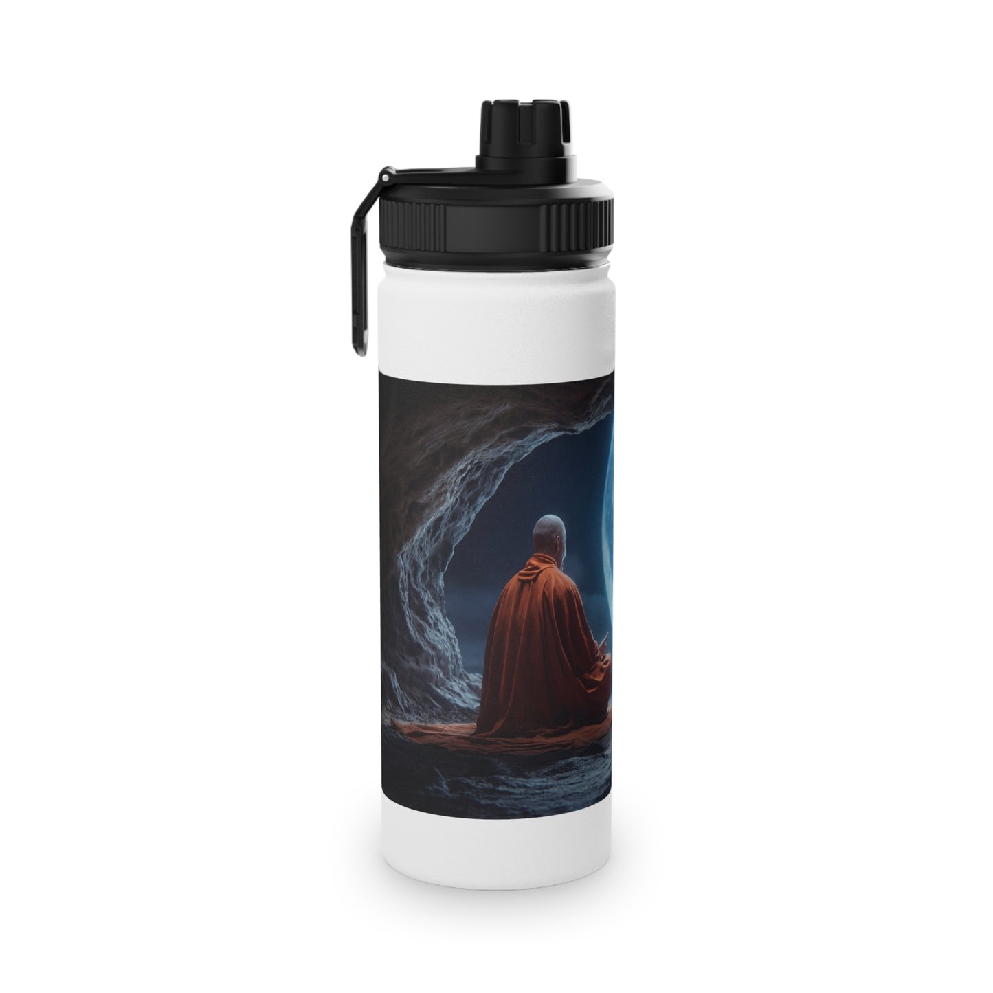 Moonlit Monk Stainless Steel Water Bottle, Sports Lid – Serene Cave Meditation Scene