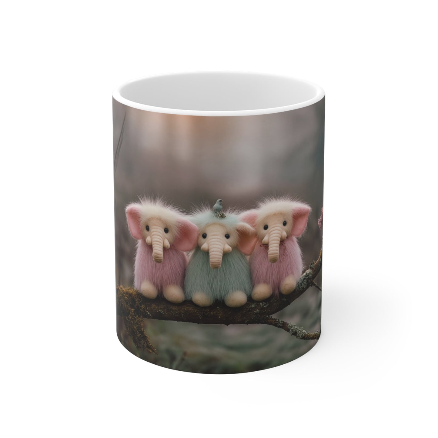 Three Furred Elephants Ceramic Mugs (11oz\15oz\20oz) – Dawn’s Whisper on Mossy Branch