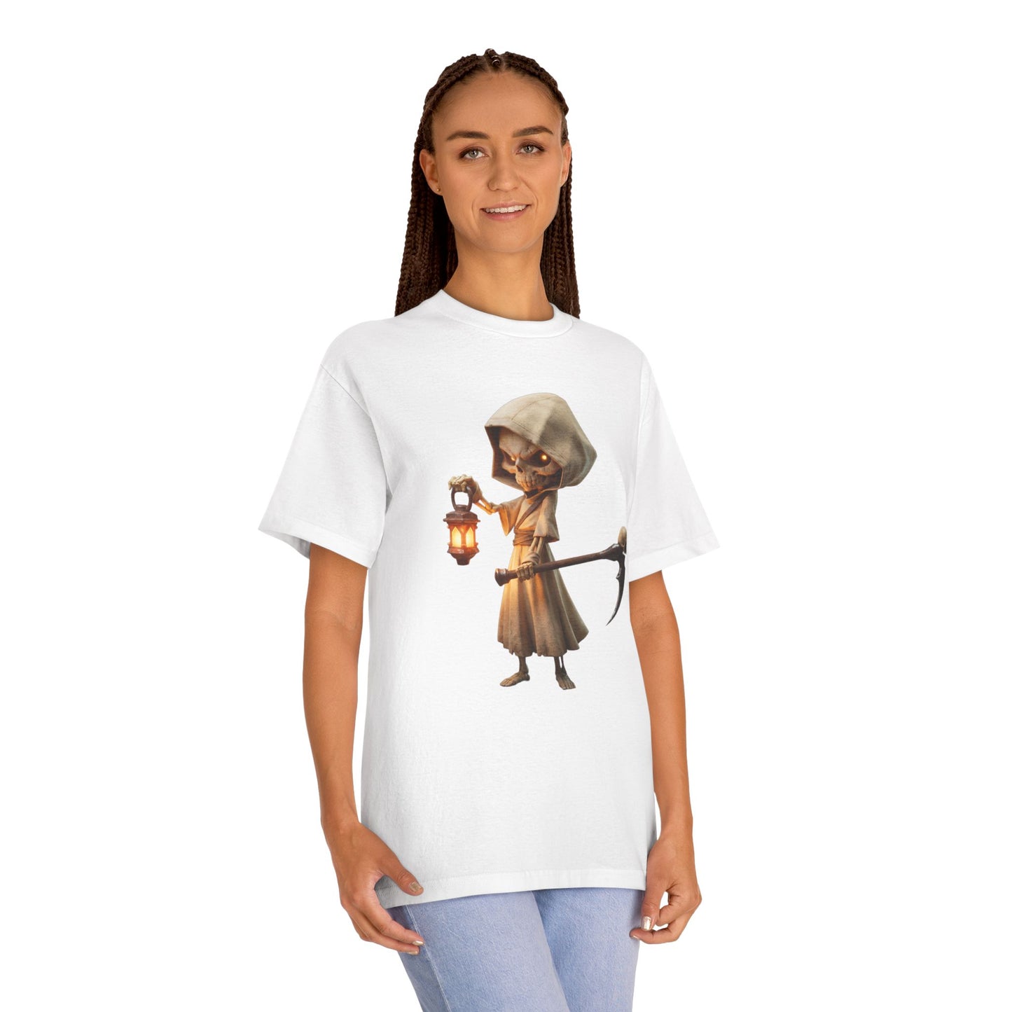 Lantern-Bearing Reaper Unisex Classic Tee – Hooded Guardian with Scythe