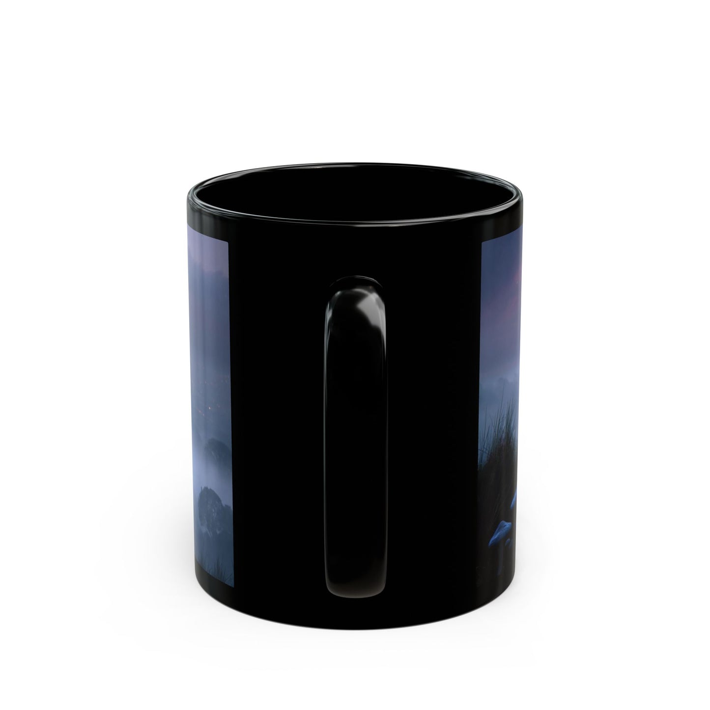 Solitary Sentinel Mug – Twilight Over Cityscape with Moon and Mushrooms