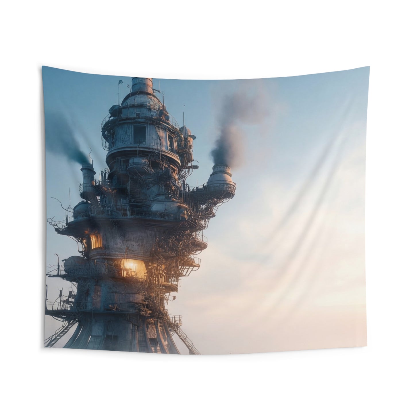 Steamforged Tower Indoor Wall Tapestries – Dusk Over the Iron Sentinel