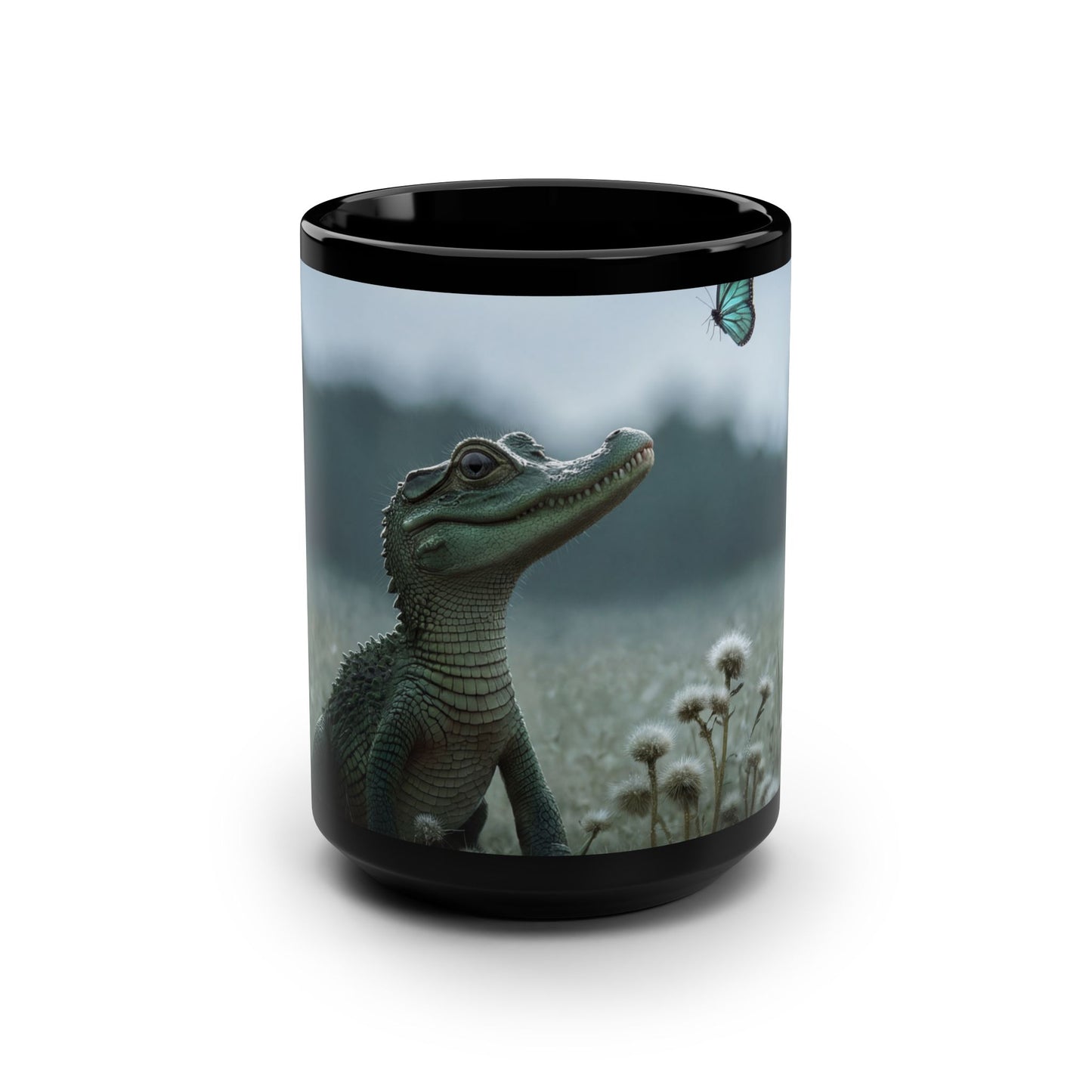 Young Crocodile Admiring Butterfly Mug – Mossy Meadow Wonder Scene