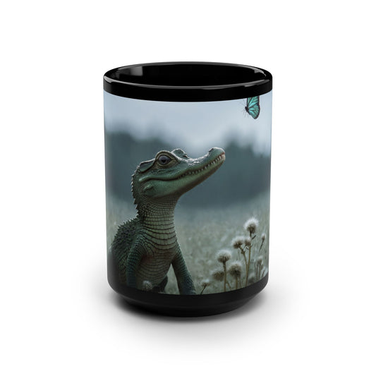 Young Crocodile Admiring Butterfly Mug – Mossy Meadow Wonder Scene