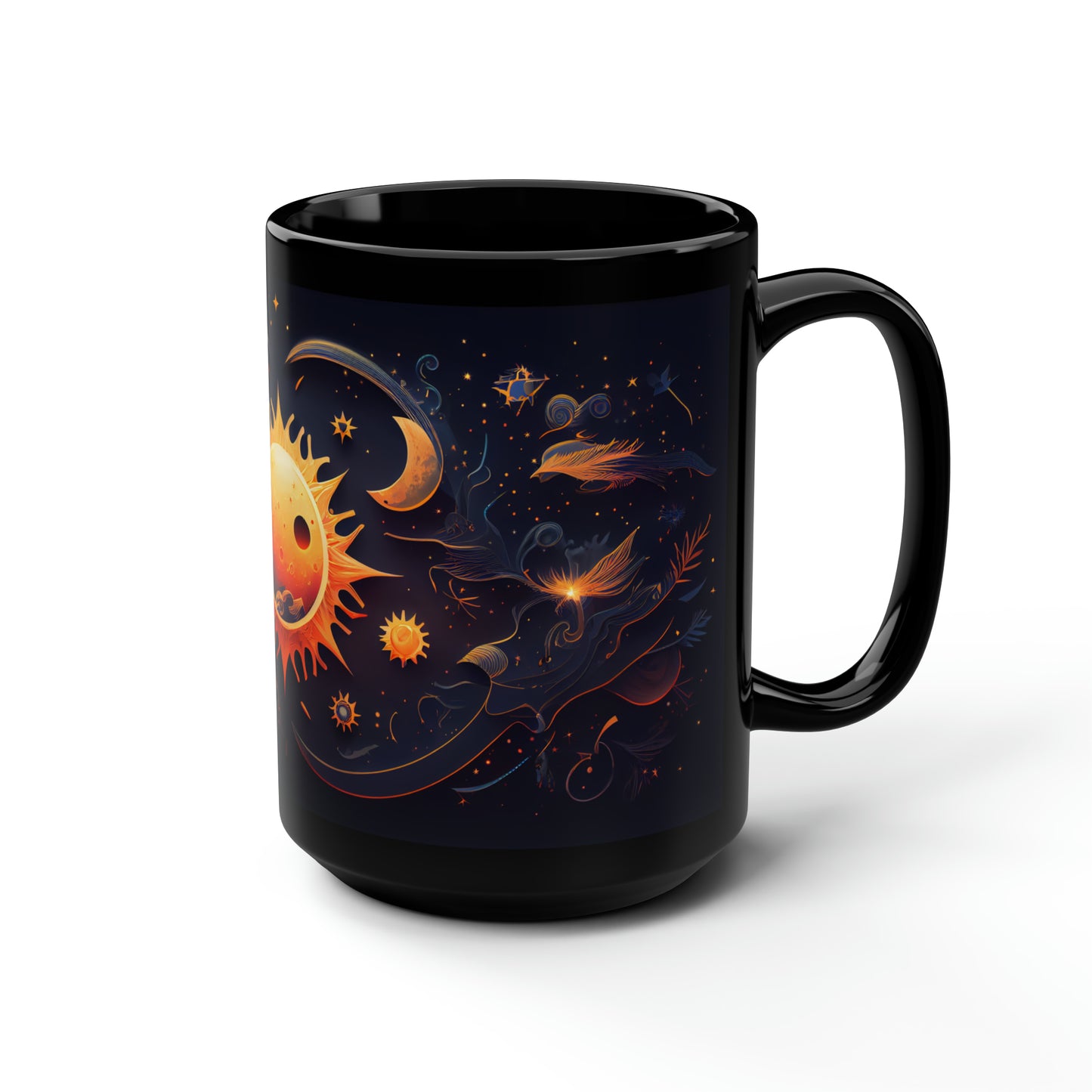 8K, high resolution detailed vector illustration poster, sun, celestial symbols, glowing accents - Mug, Black