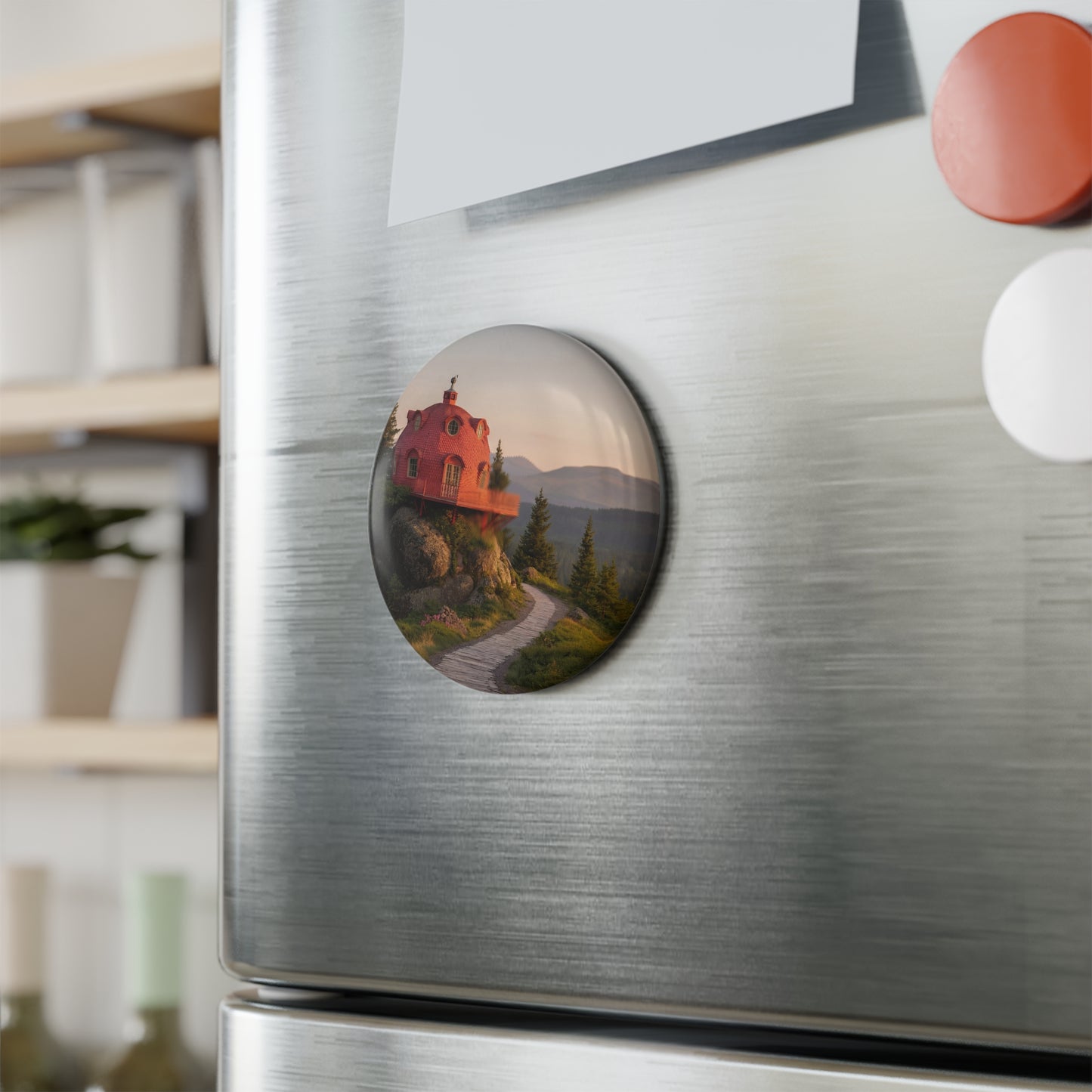 Red Dome House Button Magnet, Round (1 & 10 pcs) – Sunset Sentinel on the Mountain Ridge