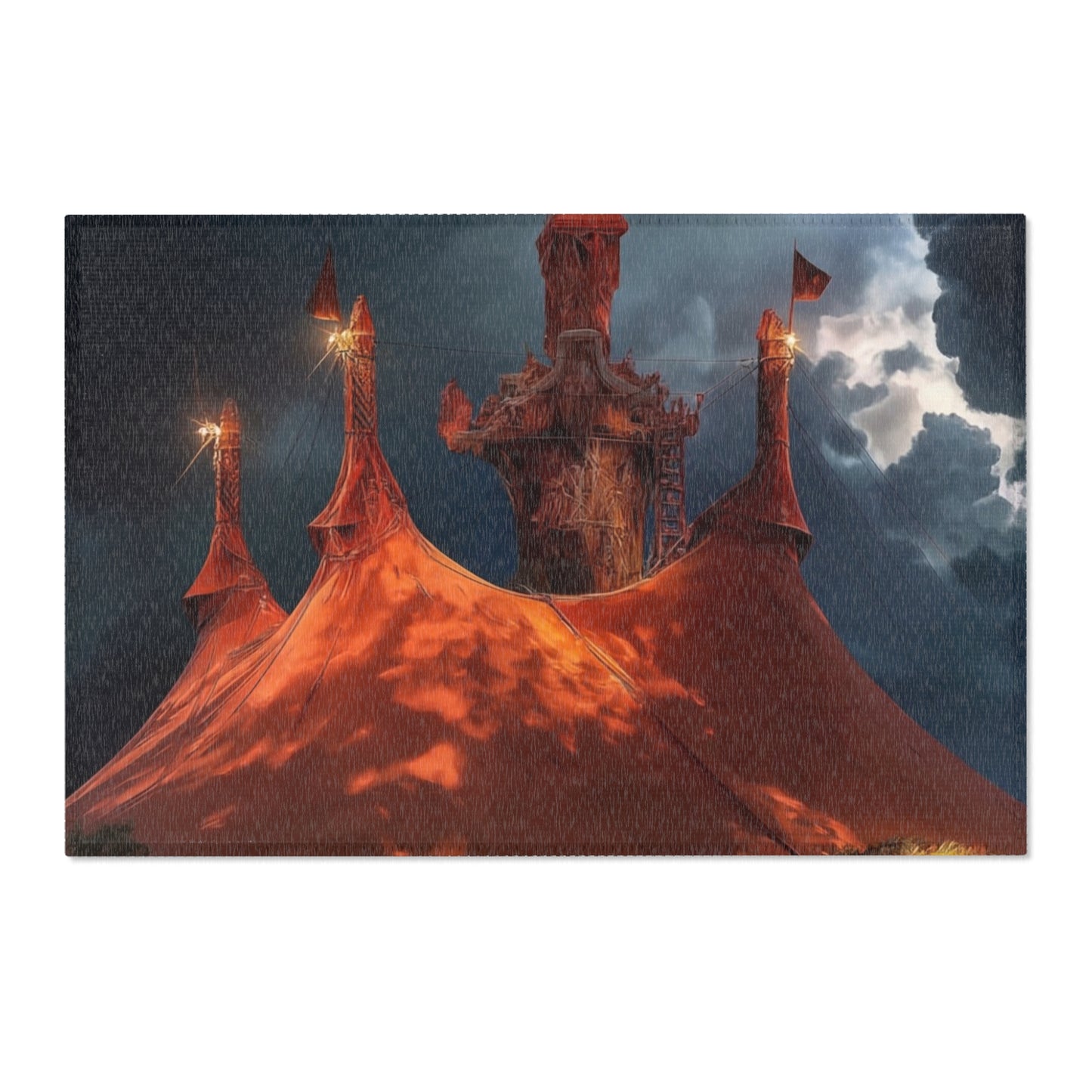 Crimson Carnival Tent Rug – City Skyline Under Thunderous Canopy