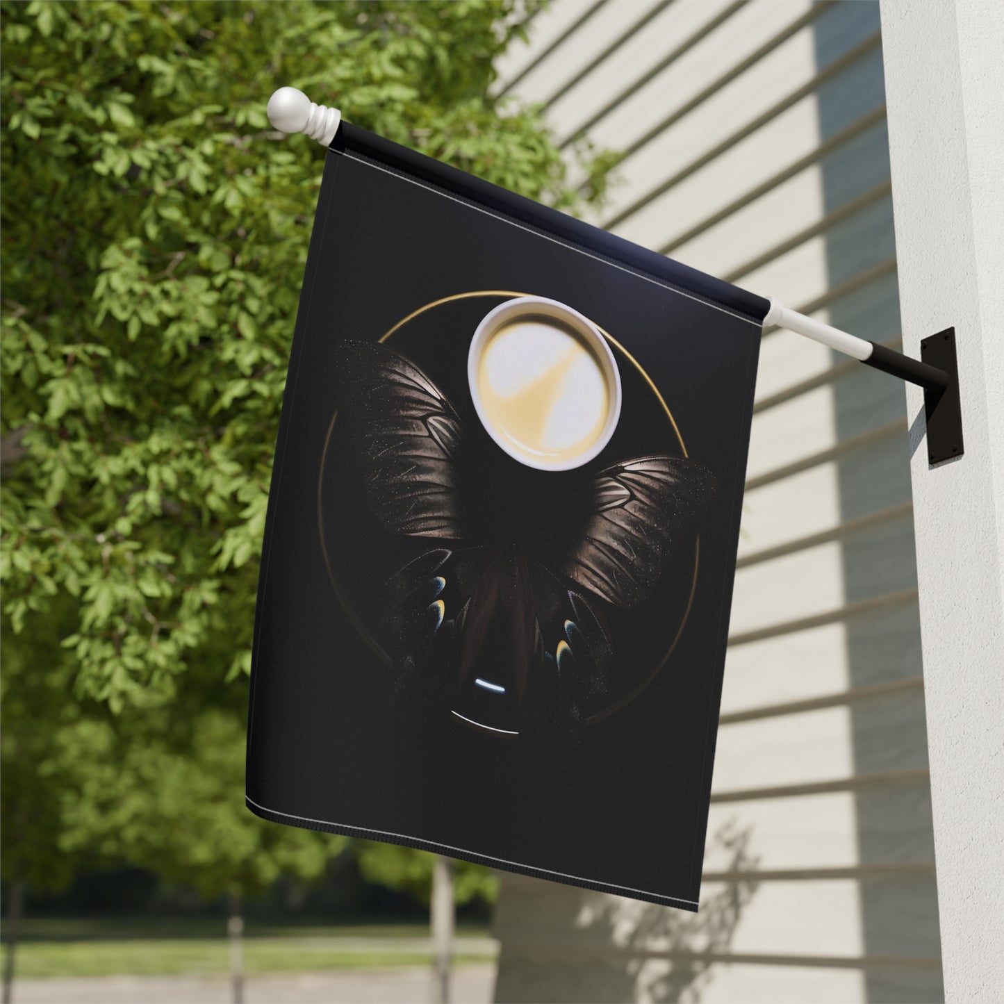 vantablack coffee with cream and sugar, iridescent butterfly wings - Garden & House Banner