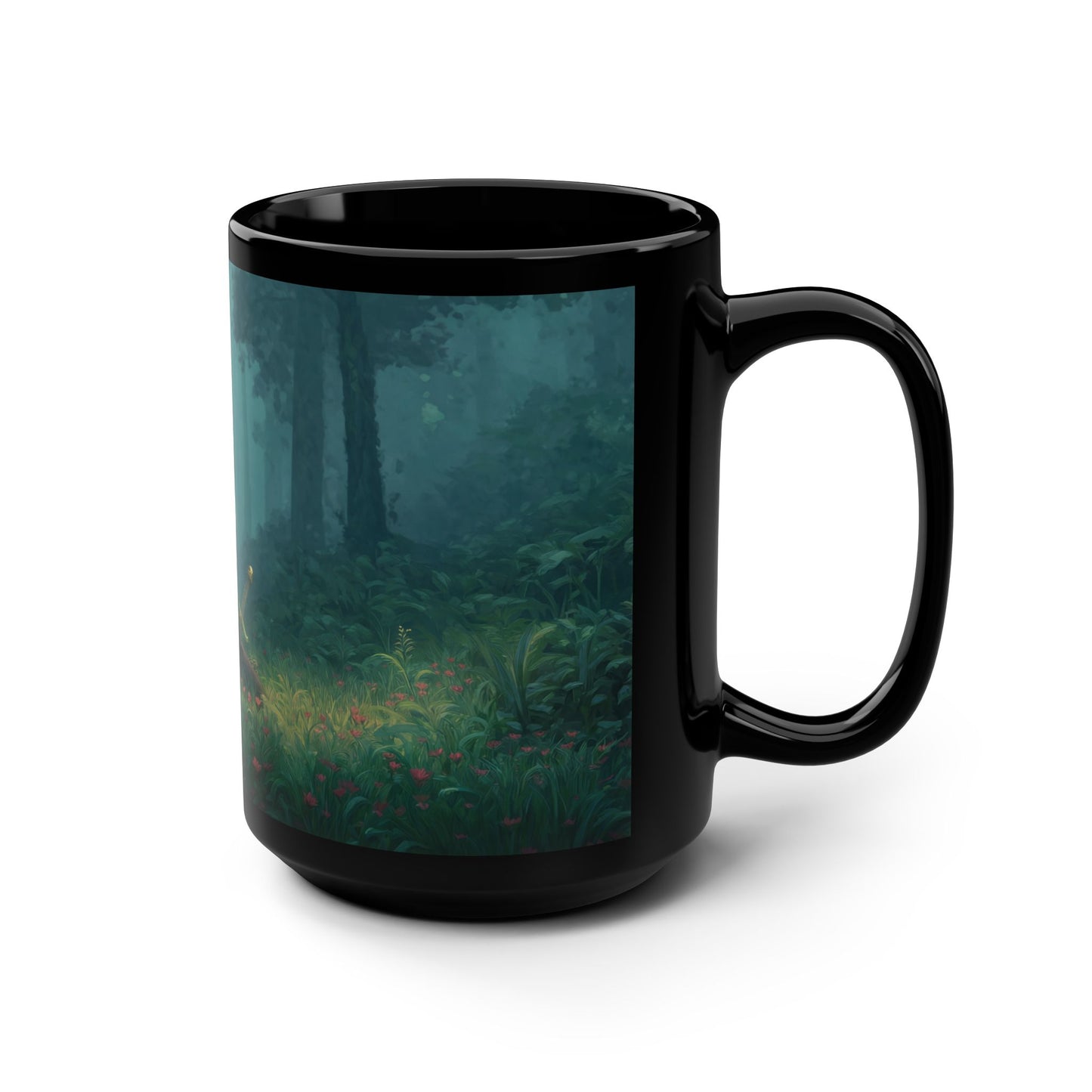 Elf Sentinel Guardian Black Mug, 15oz – Misty Forest Watcher