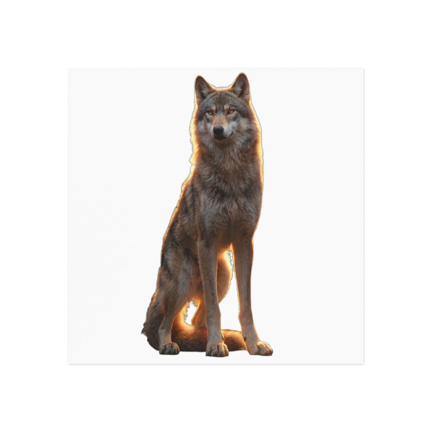 Sitting Wolf Square Magnet – Golden Hour Sentinel on Black