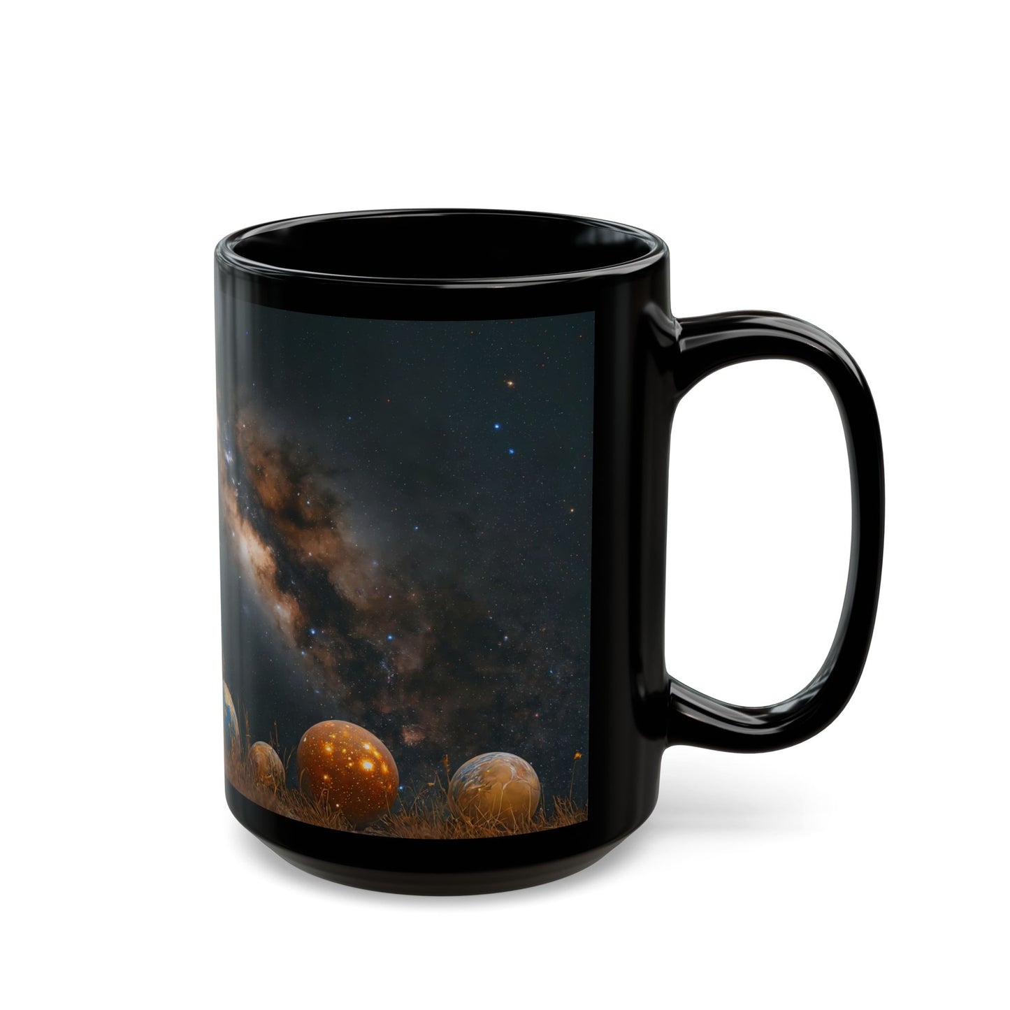 Celestial Weaver Black Mug – Cosmic Threads in Amber Robes