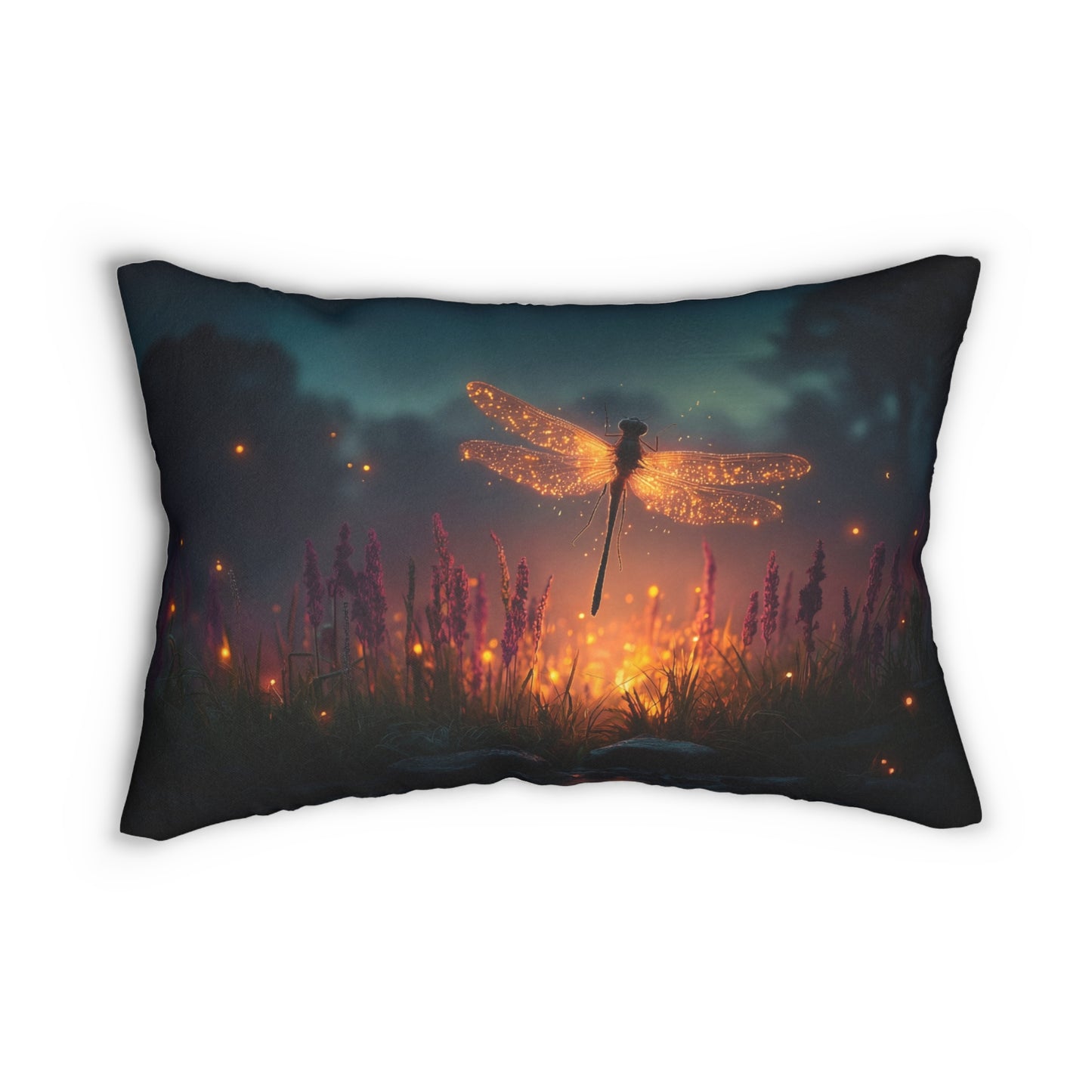 Glowing Dragonfly Lumbar Pillow – Twilight Meadow Dreamscape