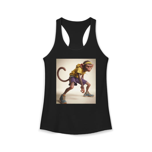Gym Monkey Women's Ideal Racerback Tank – Yellow Hoodie and Purple Shorts Athletic Pose