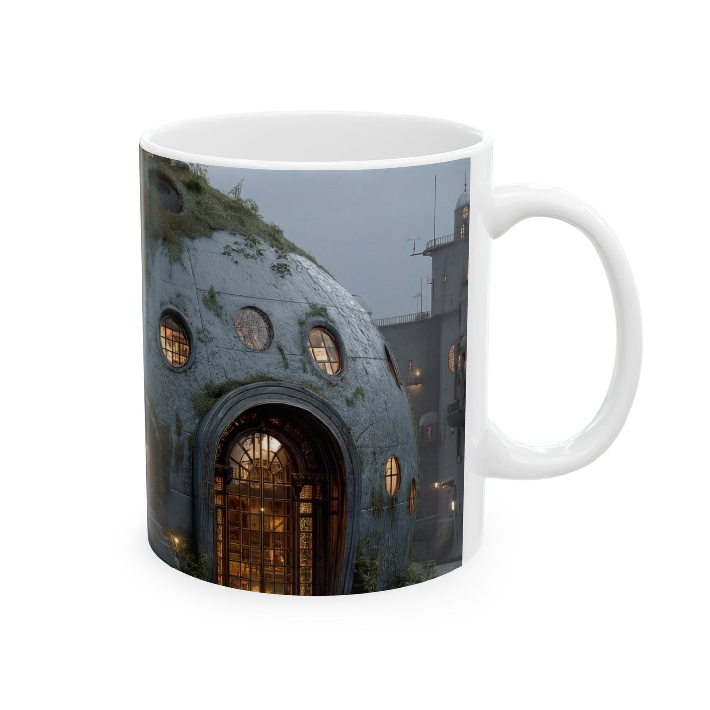 Sky-Rooted Dome House Ceramic Mug – Twilight Haven in Stone and Moss