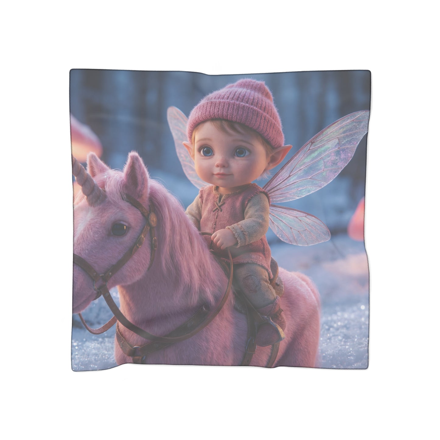 Tiny Fairy on Pink Unicorn Scarf – Winter Forest Glow