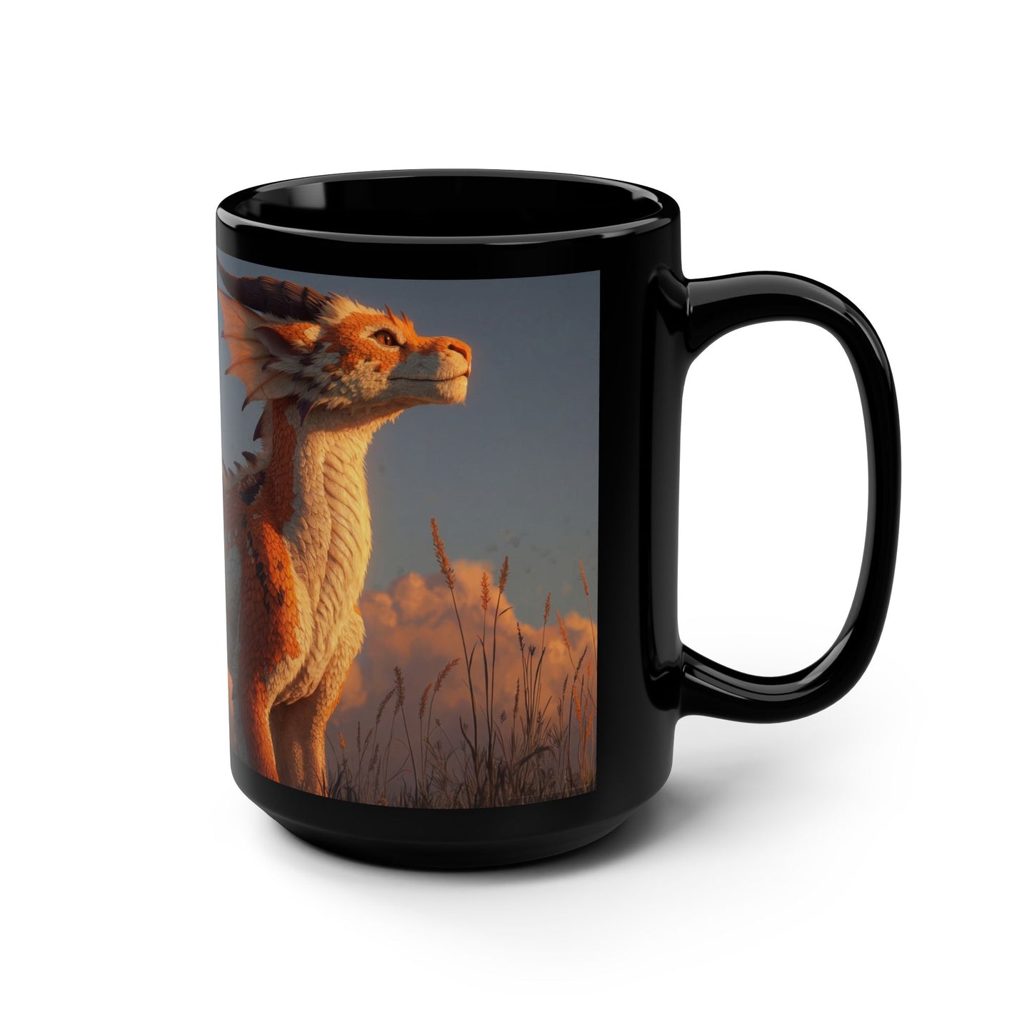 Sunlit Dragon Black Mug, 15oz – Amber Mane at Sunset
