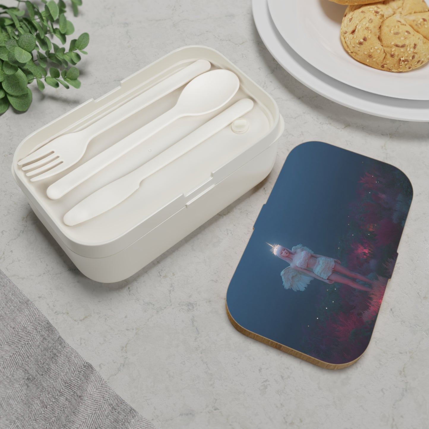 Luminescent Angel in Twilight Field Bento Lunch Box – Radiant Guardian of the Misty Meadow