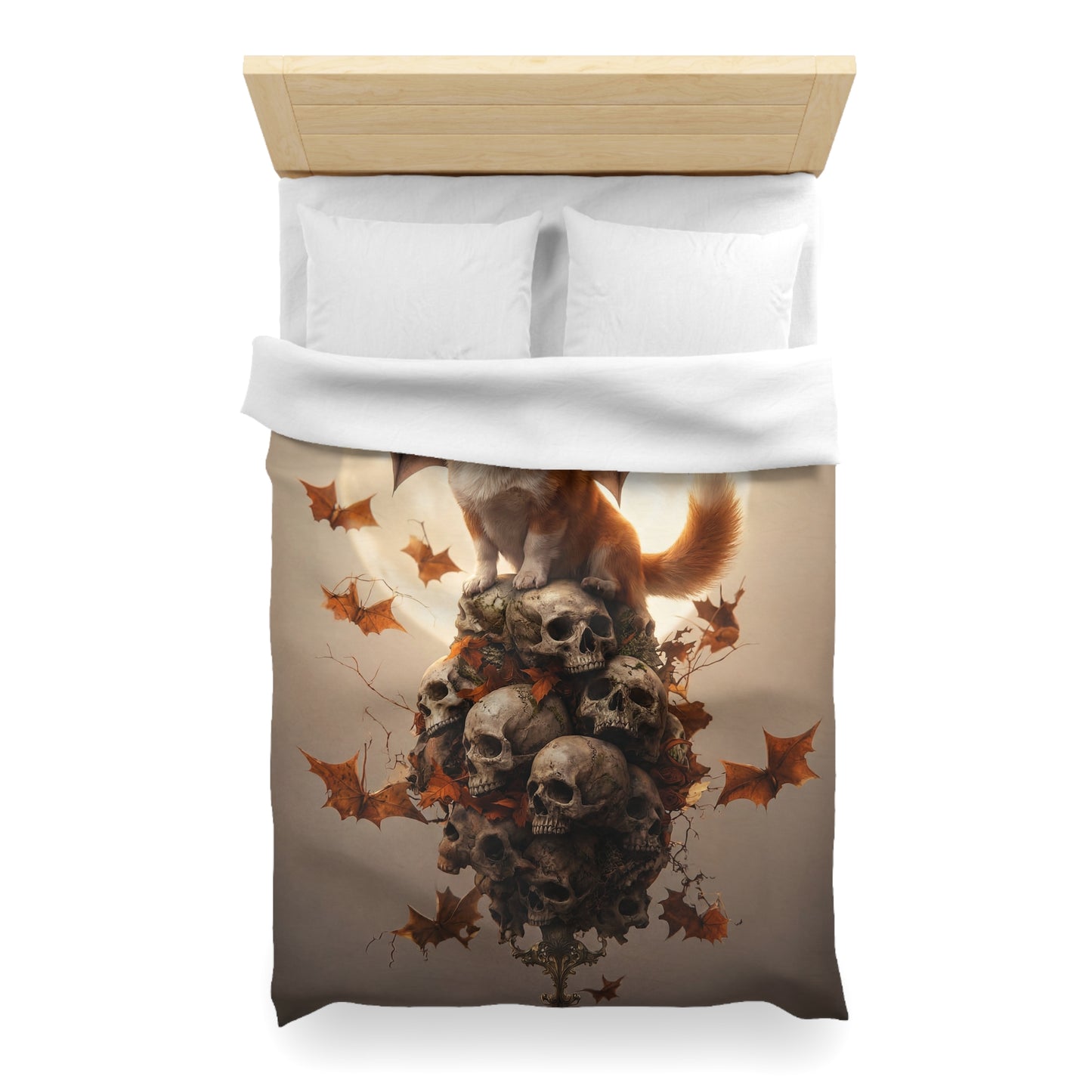 Bat-Winged Corgi Duvet Cover – Moonlit Skull Throne Dreamscape