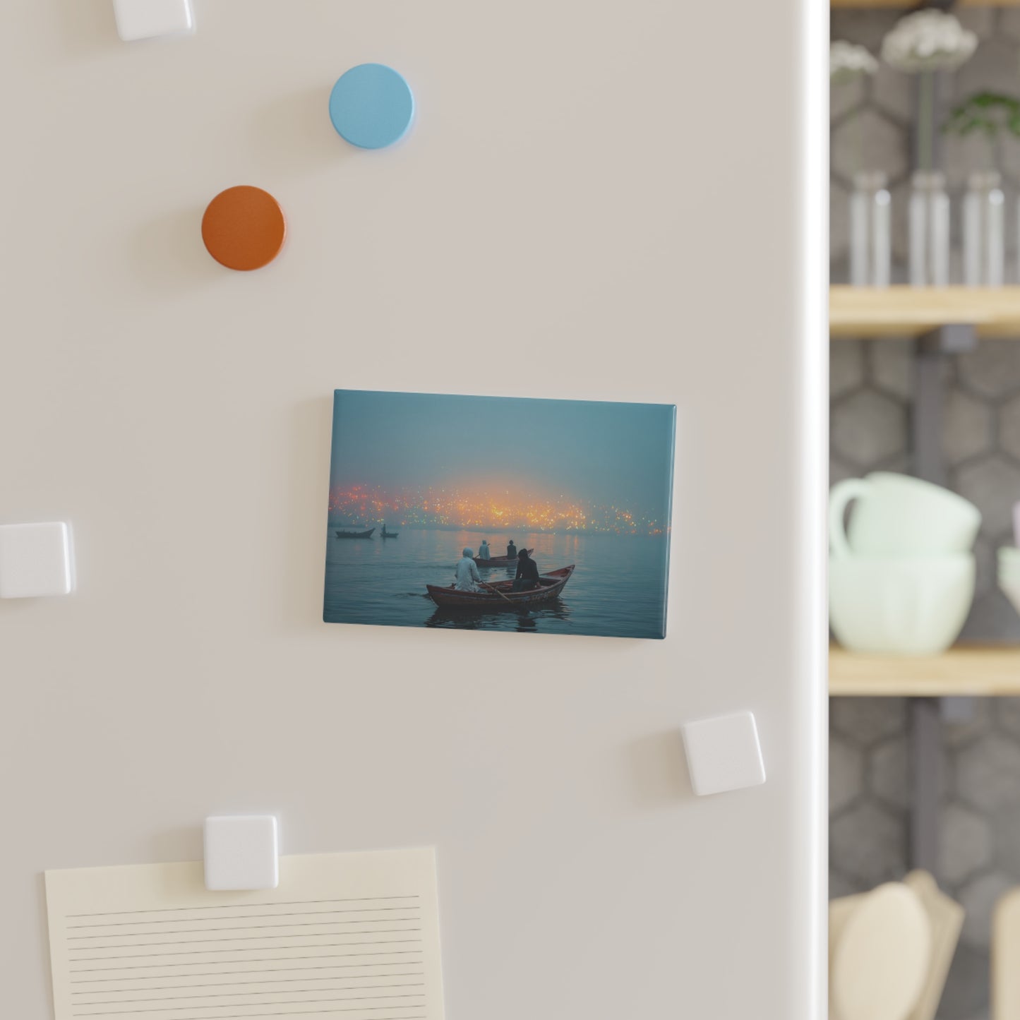 Dawn Ferry Button Magnet, Rectangle (1 & 10 pcs) – Serene Waterscape with City Glow