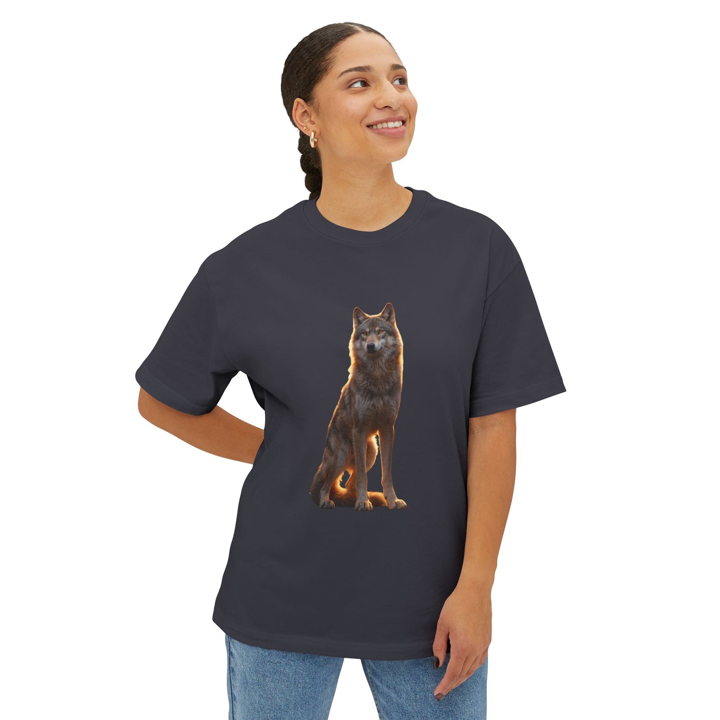 Golden-Gaze Wolf Unisex Oversized Boxy Tee – Twilight Sentinel Graphic