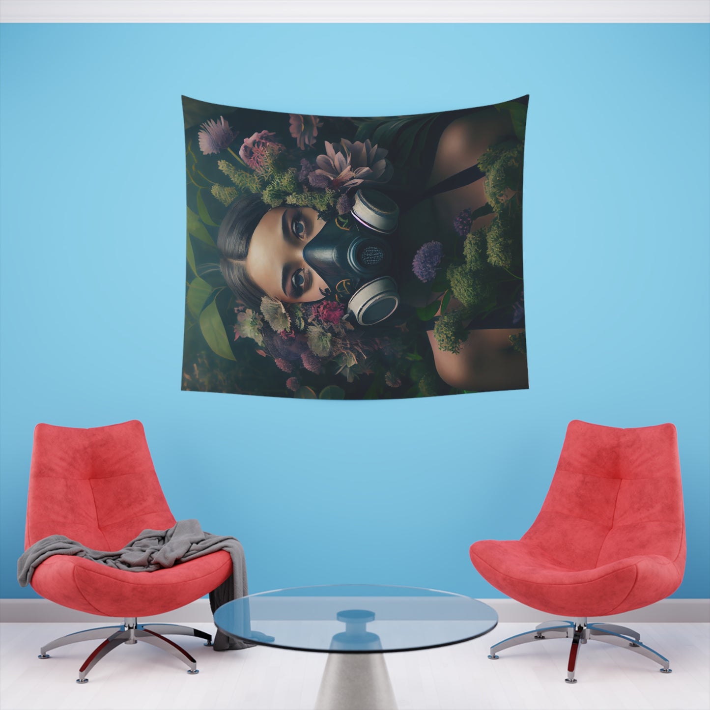 a beautiful woman wearing a gas mask filled with plants and flowers and moss - Printed Wall Tapestry