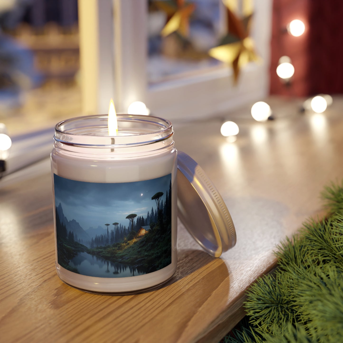 Mountain Lodge at Moonrise Scented Soy Candles with White Lid, 9oz – Warm Light in a Whispering Valley