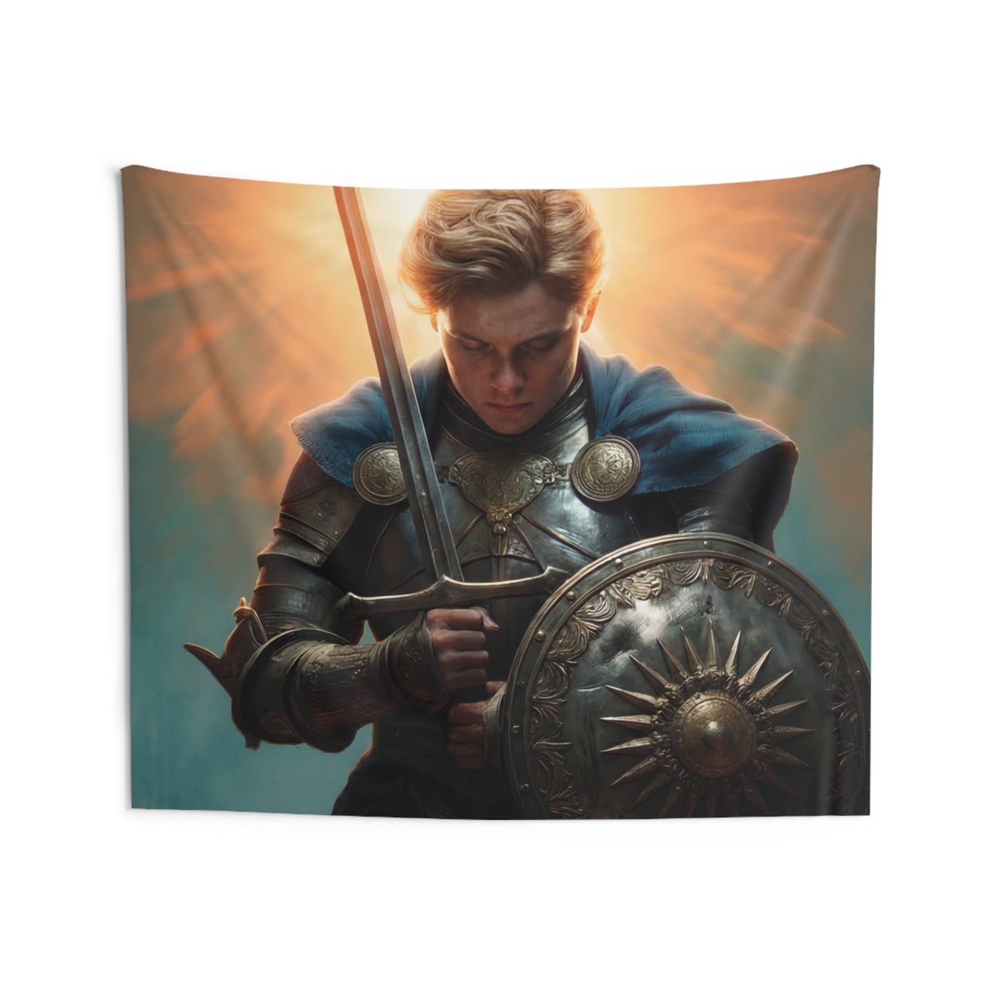 Radiant Knight Indoor Wall Tapestries – Dawn’s Last Light Before Battle
