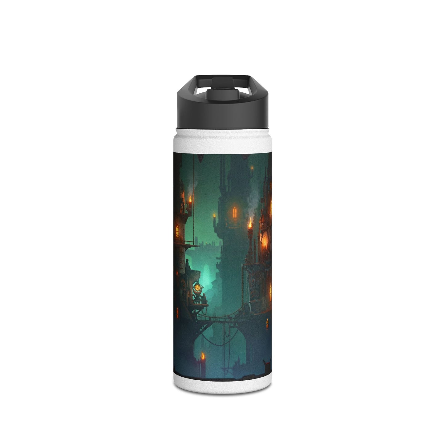 Floating City of Gilded Sparks Stainless Steel Water Bottle, Standard Lid – Neon Fog & Ember-Lit Towers