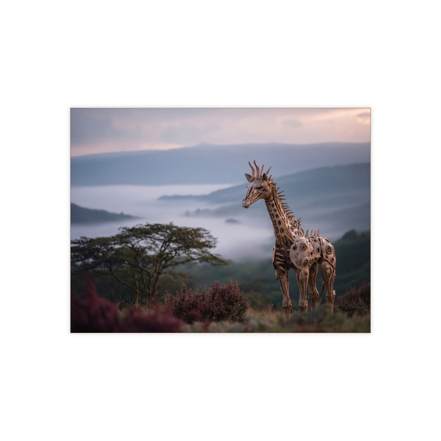 Metal Giraffe Mountain Vista Ceramic Photo Tile – Whispers of the Misty Savannah