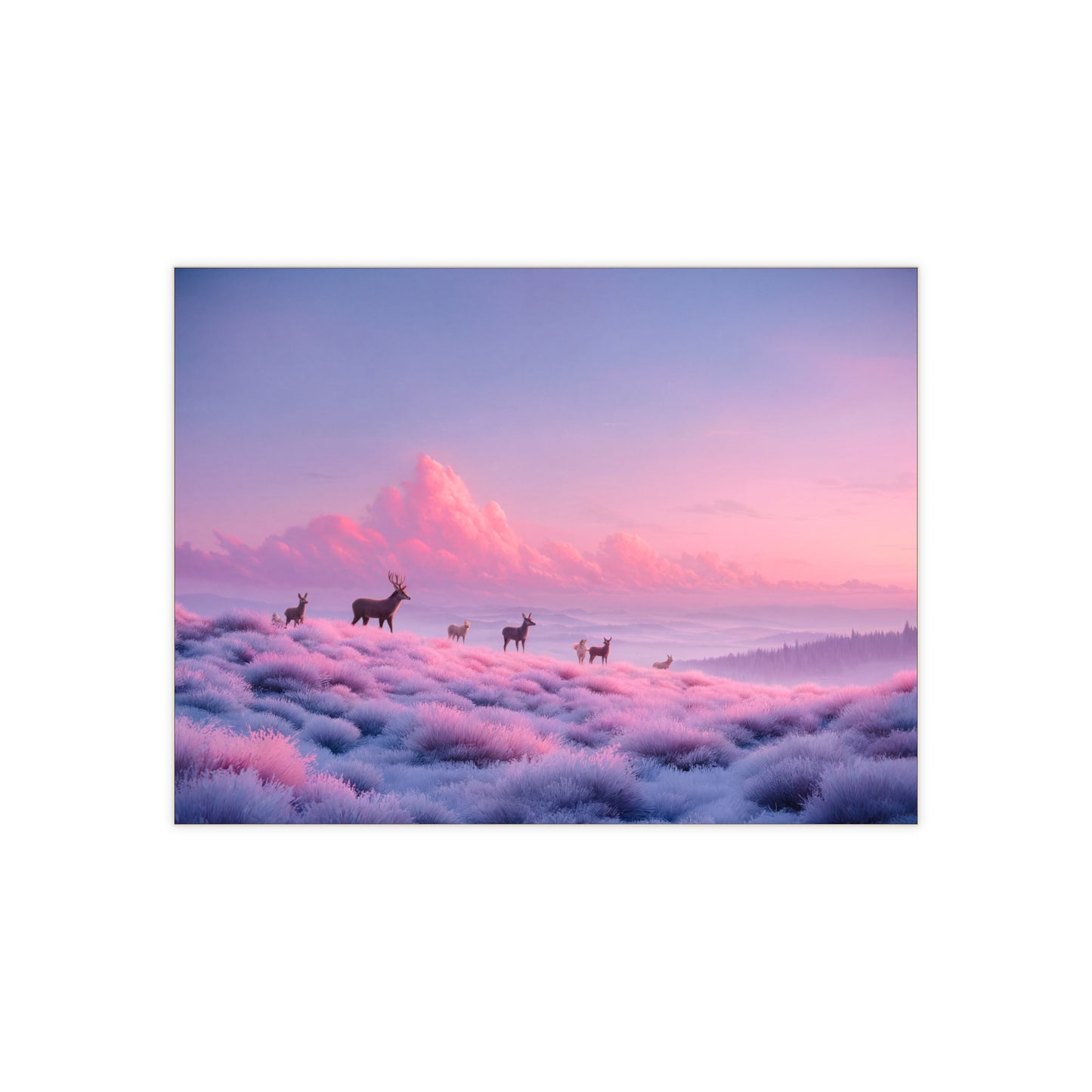 Twilight Deer Herd Ceramic Photo Tile – Pink Mist Meadow Dreamscape