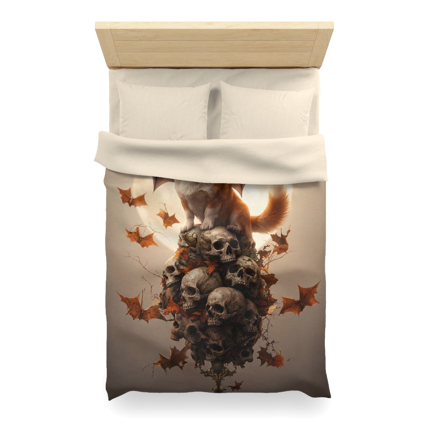 Winged Corgi Over Skulls Duvet Cover – Autumn Moonlight Sentinel